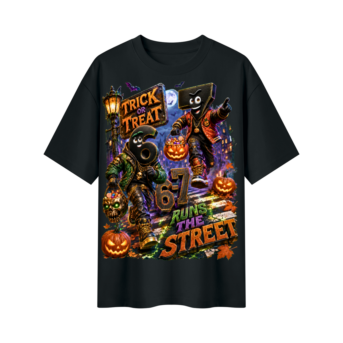 Halloween Trick or Treat Duo Oversized Graphic T-Shirt - 6-7 Runs the Street - Unisex