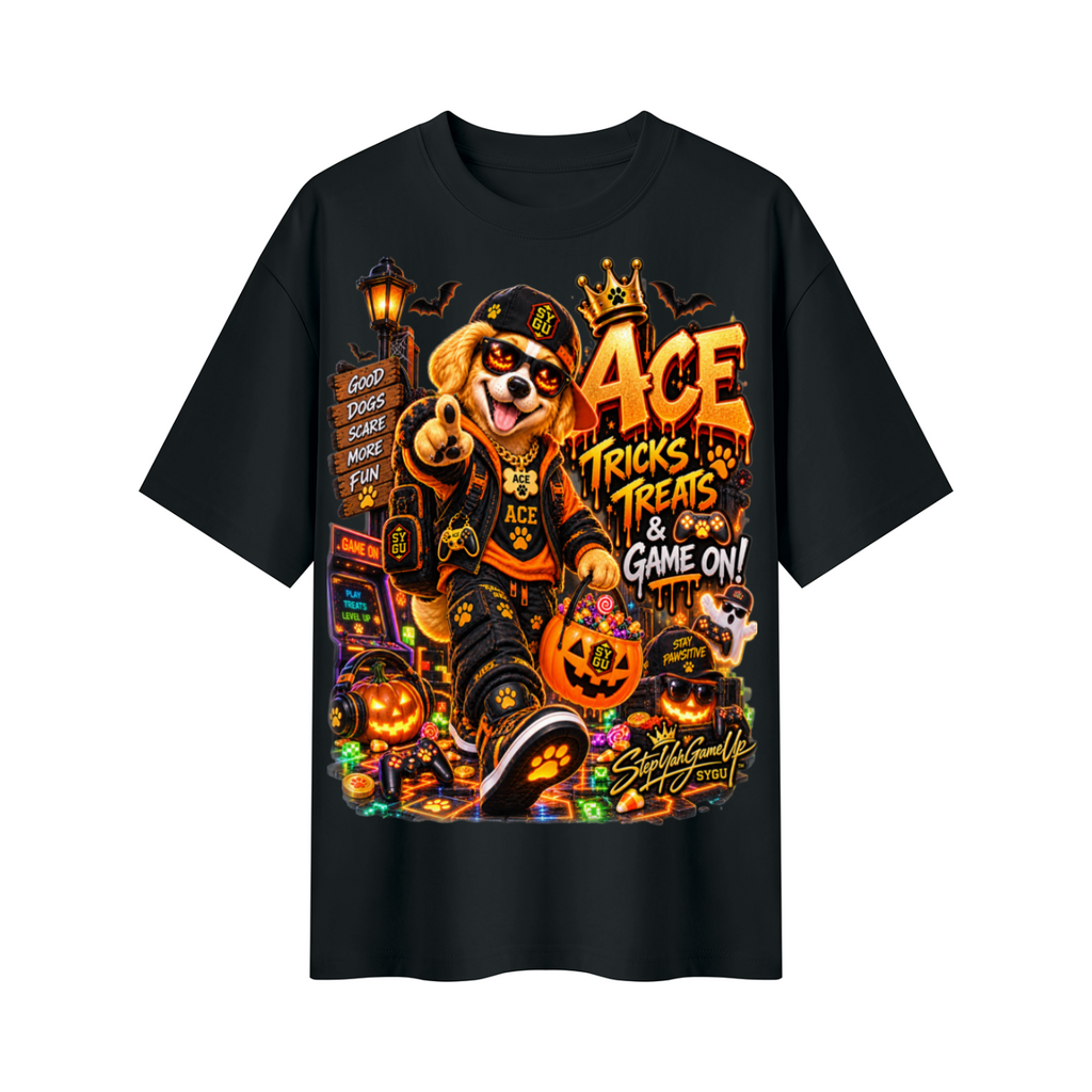 StepYahGameUp Halloween Gamer Oversized Graphic T-Shirt - Tricks, Treats & Game On! - Unisex