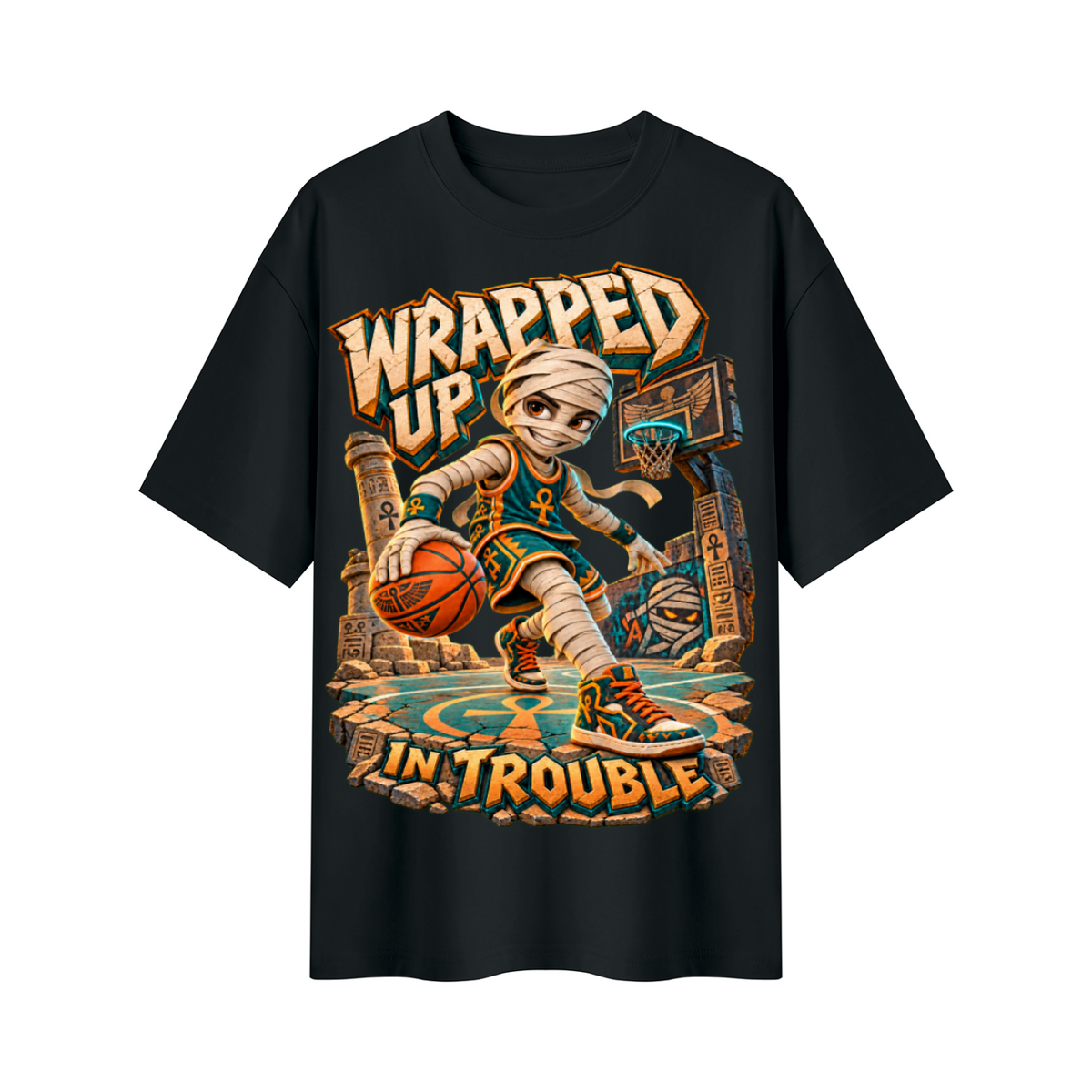 Halloween Mummy Basketball Oversized Graphic T-Shirt - Wrapped Up in Trouble - Unisex