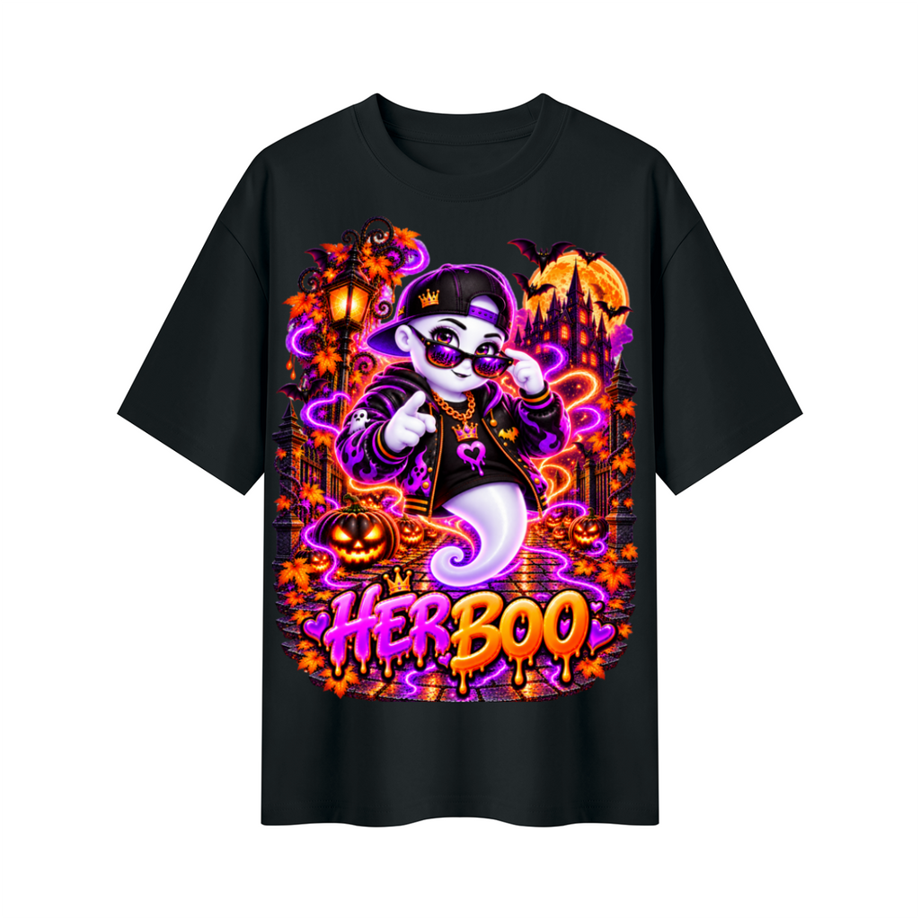 Halloween Her Boo Ghost Oversized Graphic T-Shirt - Couples Halloween Tee - Unisex