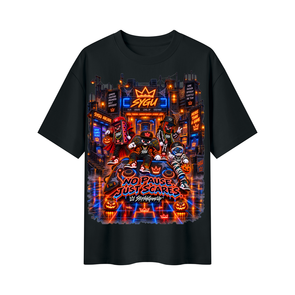 StepYahGameUp™ Halloween Gamer Oversized Graphic T-Shirt - No Pause Just Scares - Unisex