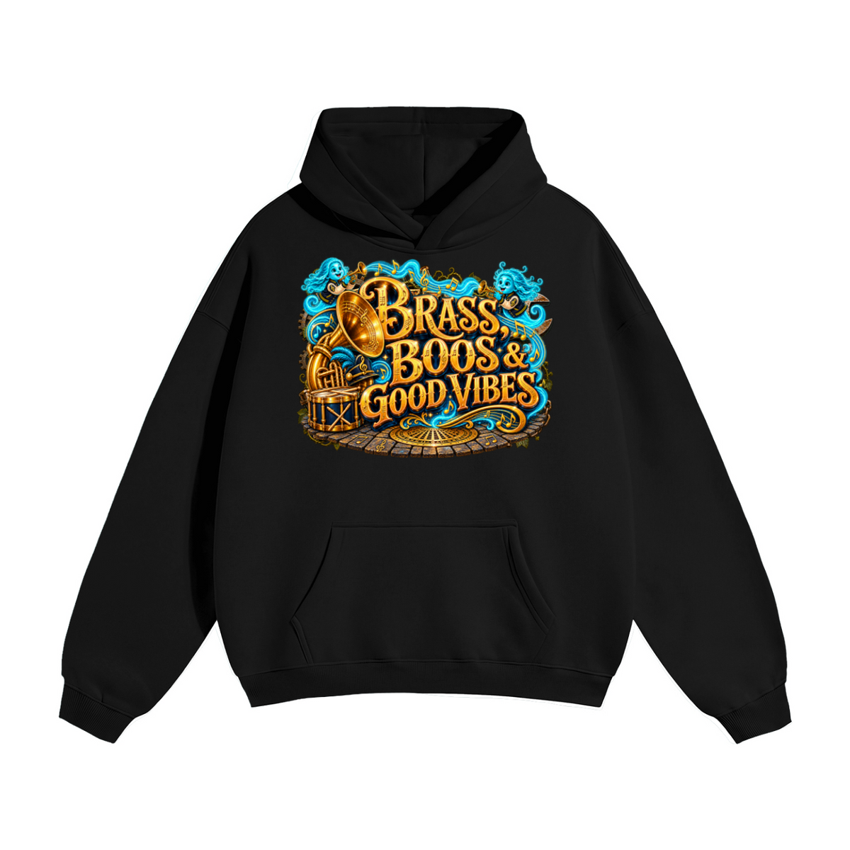 Halloween Brass, Boos & Good Vibes Front & Back Graphic Hoodie - Bring the Boom - Unisex