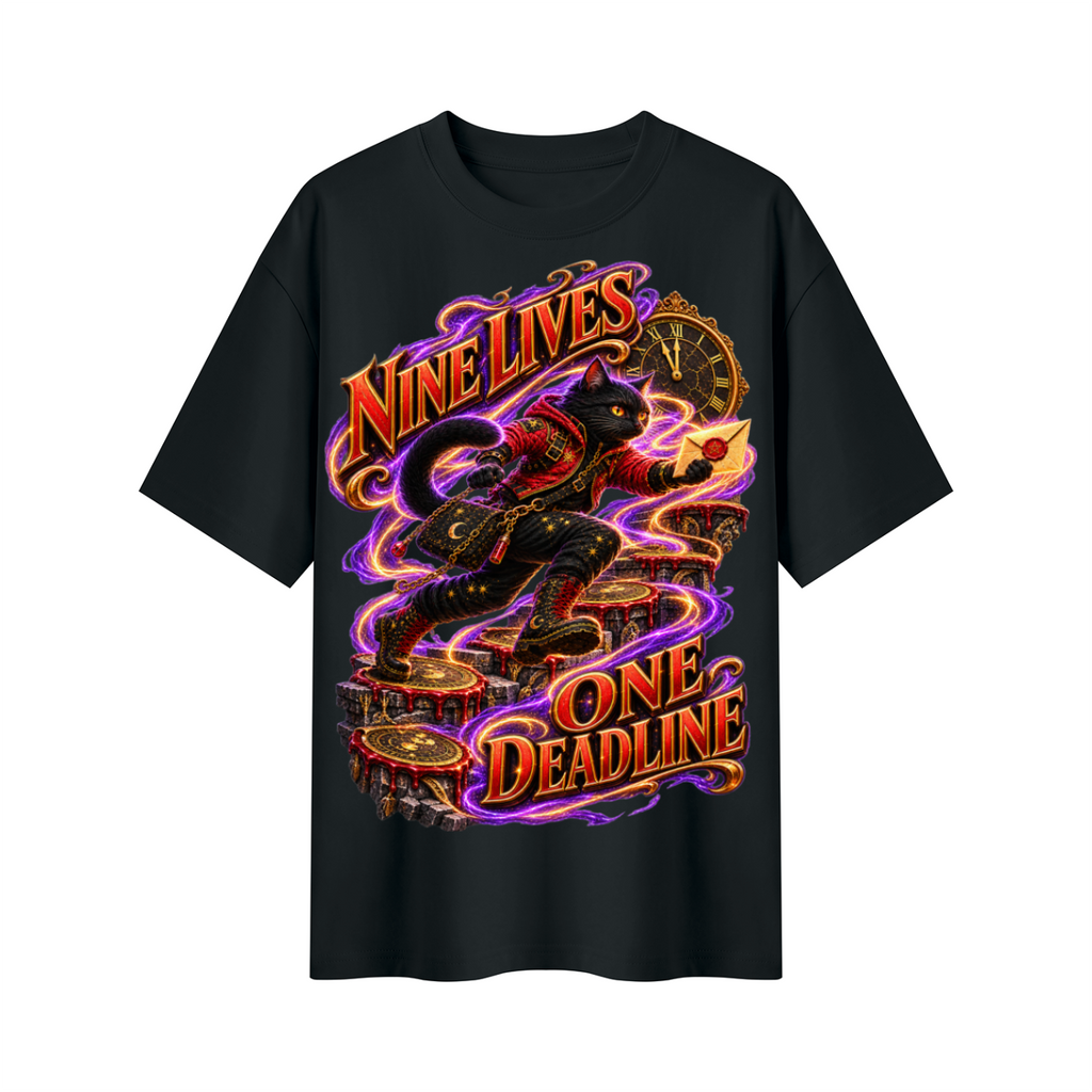 Halloween Nine Lives One Deadline Black Cat Oversized Graphic T-Shirt - Unisex