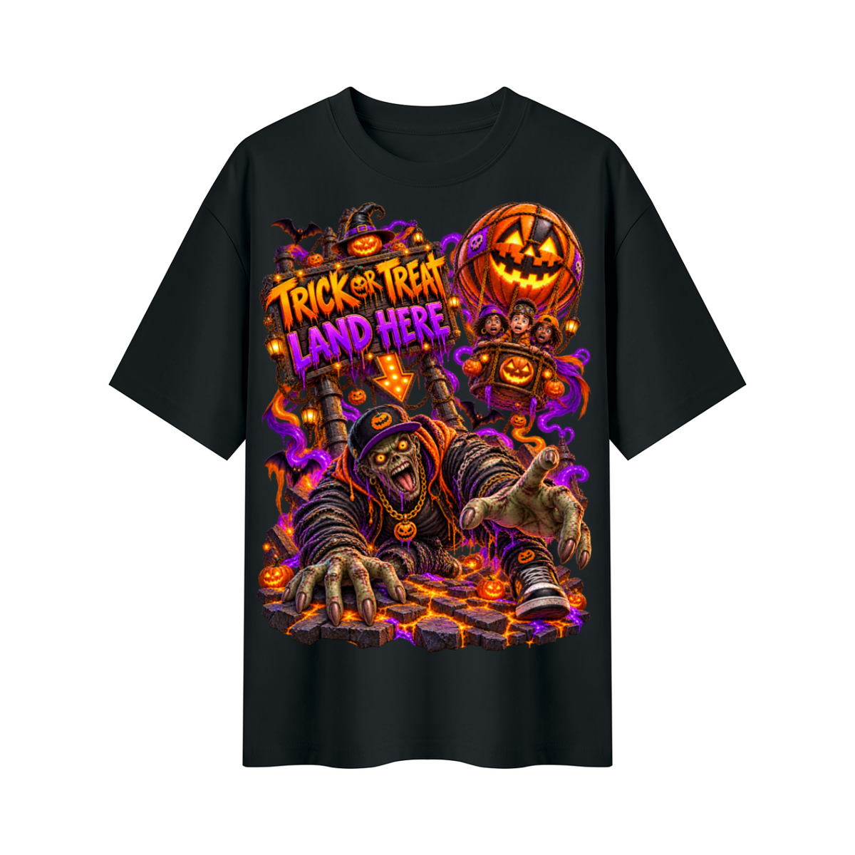 Halloween Trick or Treat Land Here Oversized Graphic T-Shirt - Wrong Place to Land - Unisex