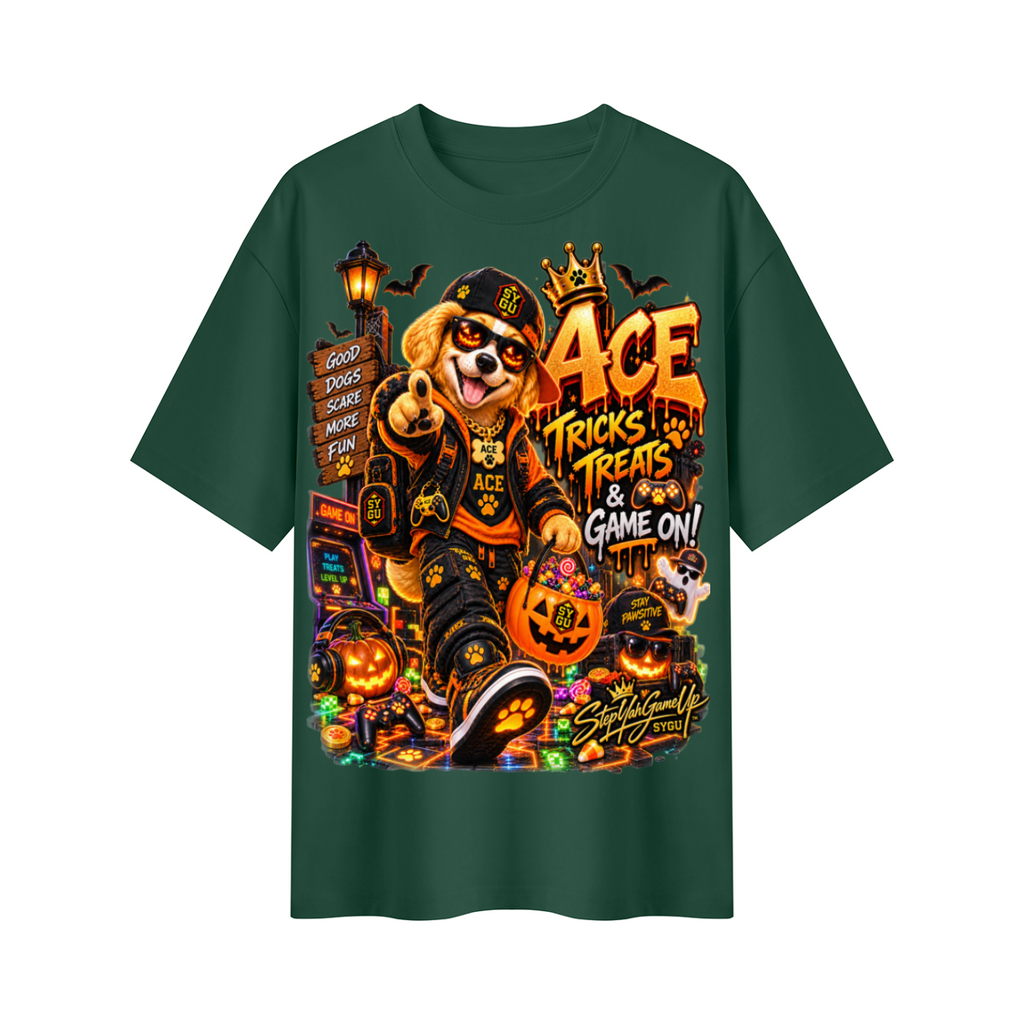 StepYahGameUp Halloween Gamer Oversized Graphic T-Shirt - Tricks, Treats & Game On! - Unisex