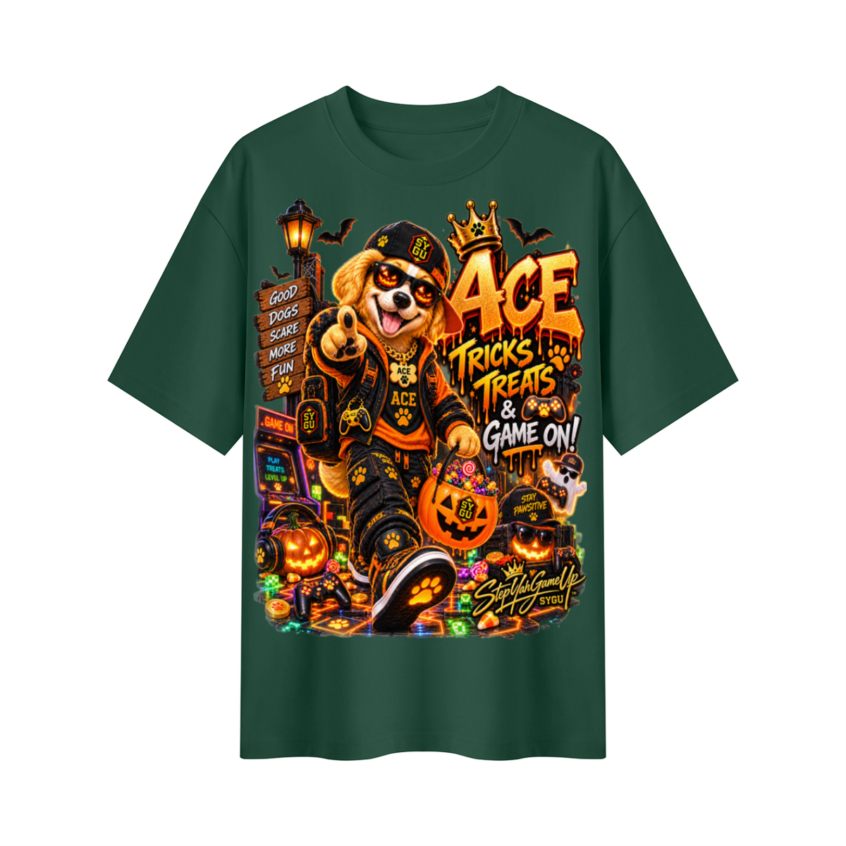 StepYahGameUp Halloween Gamer Oversized Graphic T-Shirt - Tricks, Treats & Game On! - Unisex