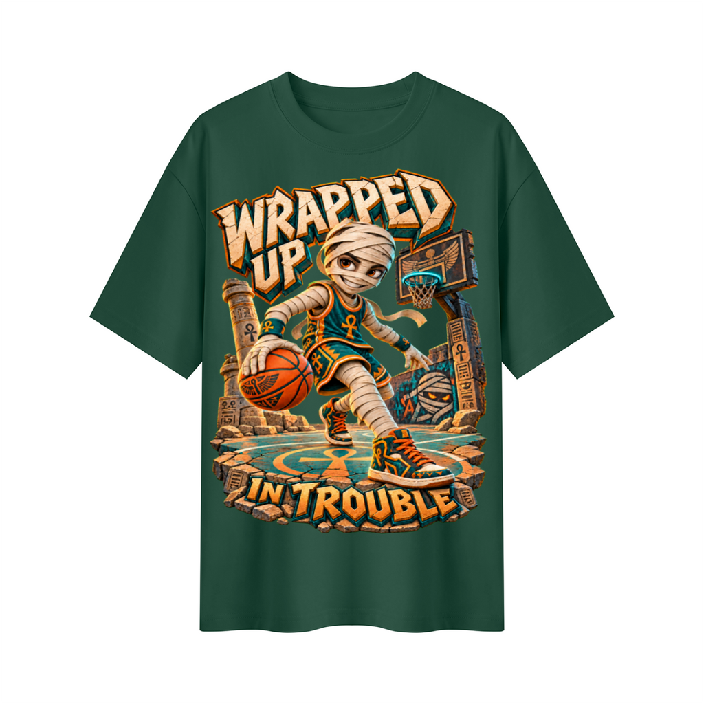 Halloween Mummy Basketball Oversized Graphic T-Shirt - Wrapped Up in Trouble - Unisex