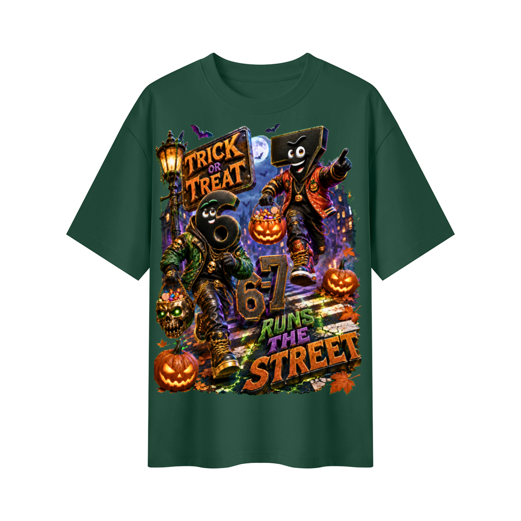 Halloween Trick or Treat Duo Oversized Graphic T-Shirt - 6-7 Runs the Street - Unisex