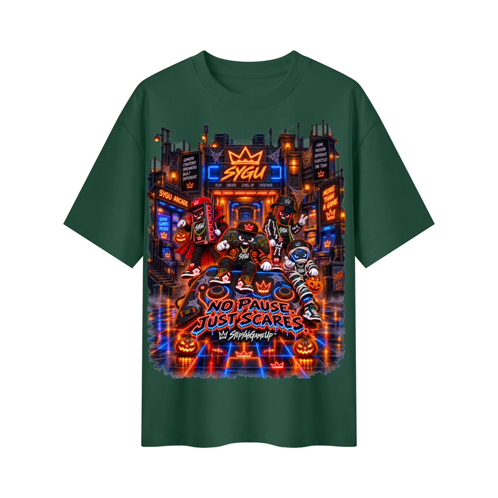 StepYahGameUp™ Halloween Gamer Oversized Graphic T-Shirt - No Pause Just Scares - Unisex