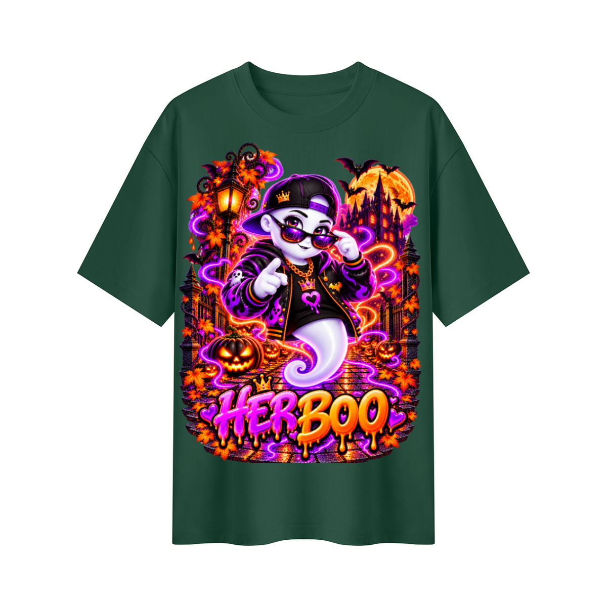 Halloween Her Boo Ghost Oversized Graphic T-Shirt - Couples Halloween Tee - Unisex