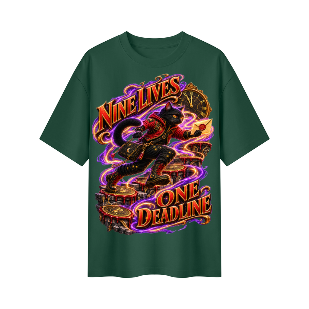 Halloween Nine Lives One Deadline Black Cat Oversized Graphic T-Shirt - Unisex