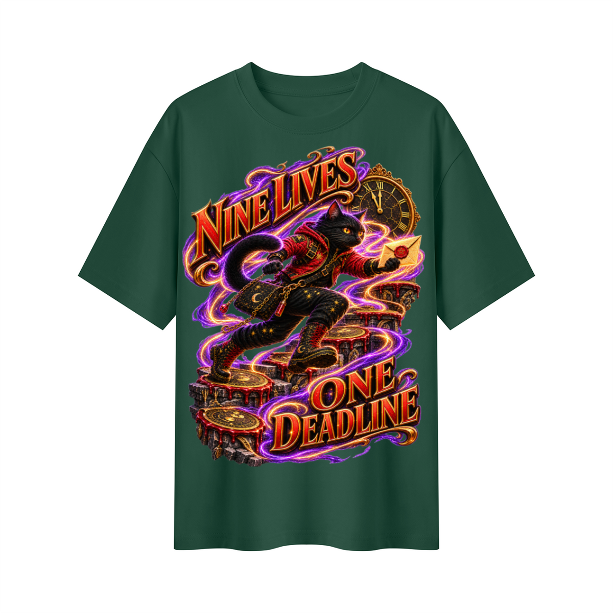 Halloween Nine Lives One Deadline Black Cat Oversized Graphic T-Shirt - Unisex