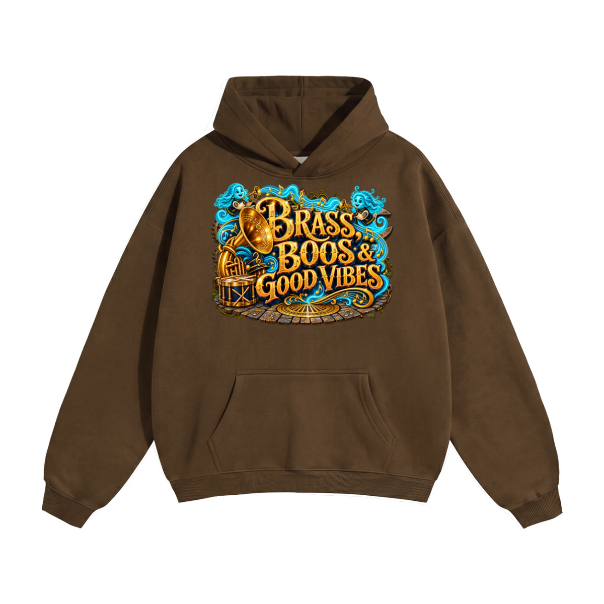 Halloween Brass, Boos & Good Vibes Front & Back Graphic Hoodie - Bring the Boom - Unisex