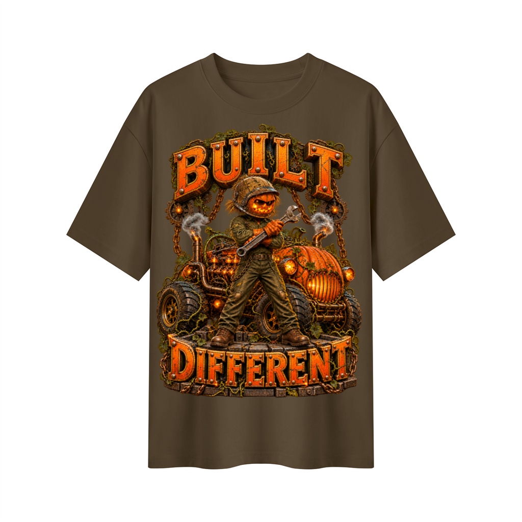 Halloween Built Different Pumpkin Mechanic Oversized Graphic T-Shirt - Unisex