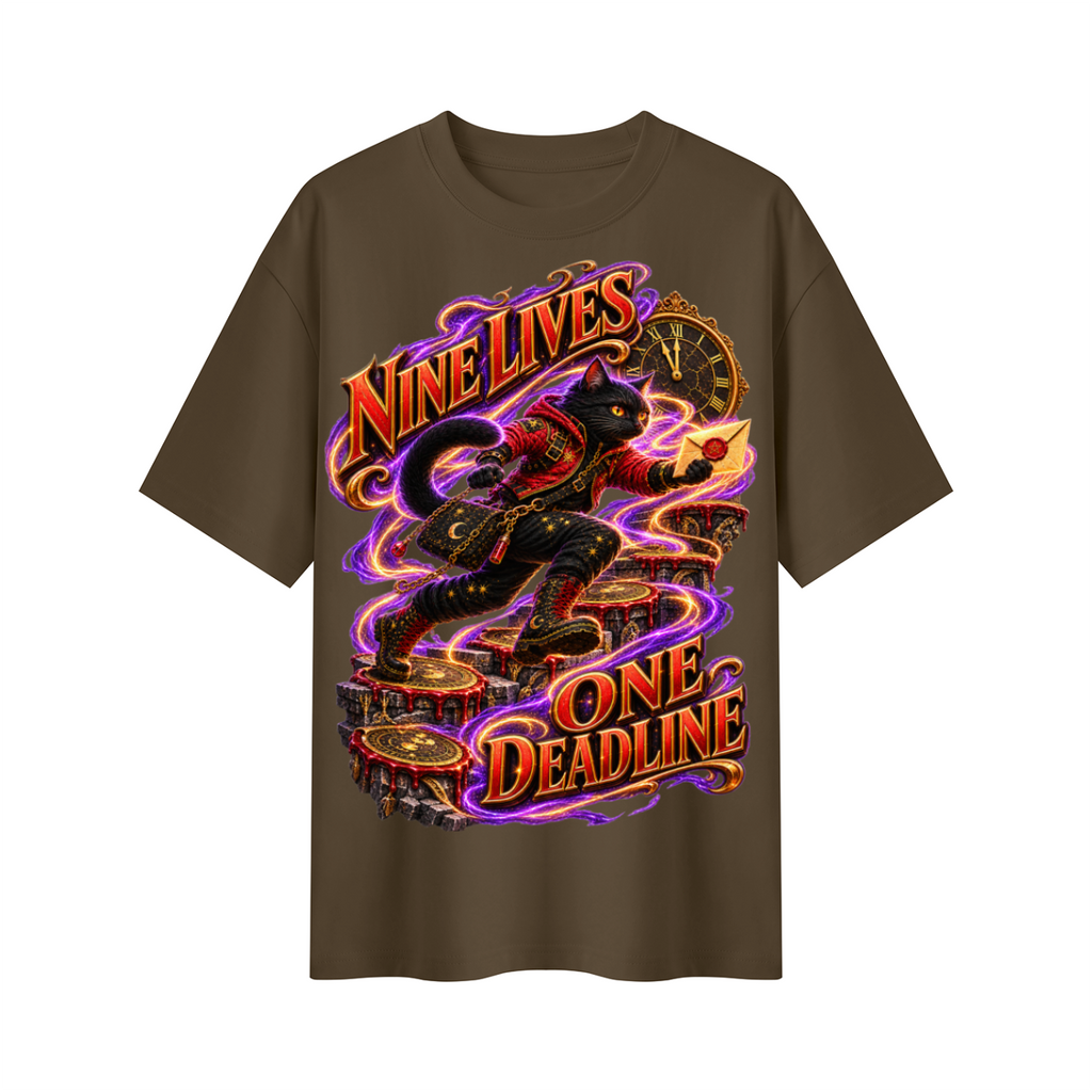 Halloween Nine Lives One Deadline Black Cat Oversized Graphic T-Shirt - Unisex