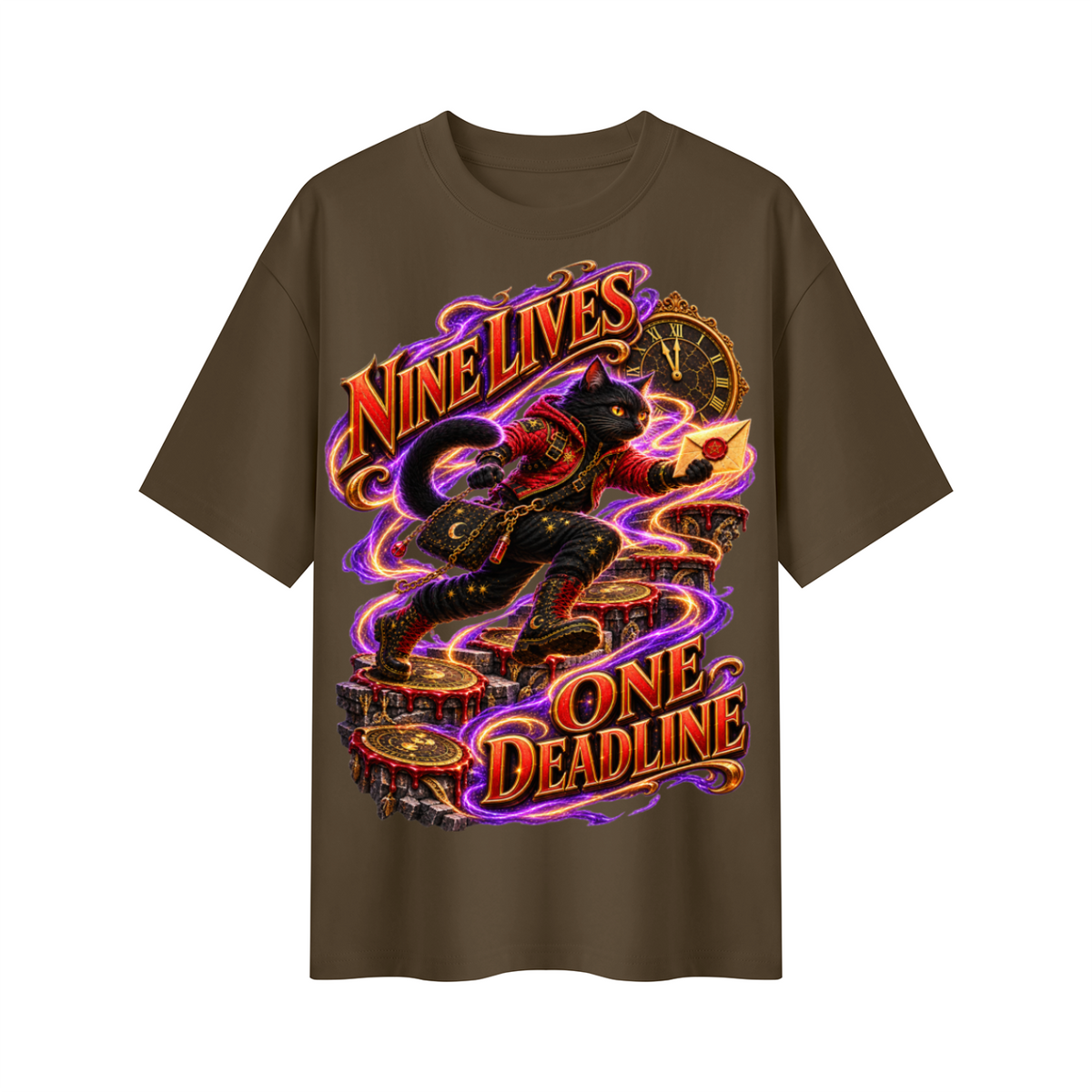 Halloween Nine Lives One Deadline Black Cat Oversized Graphic T-Shirt - Unisex