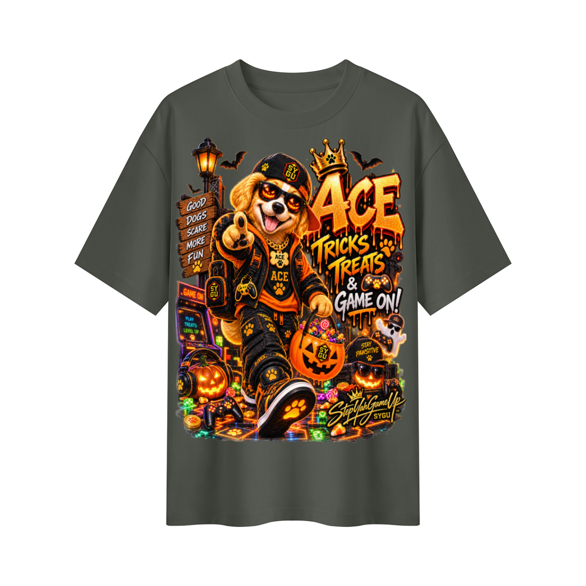 StepYahGameUp Halloween Gamer Oversized Graphic T-Shirt - Tricks, Treats & Game On! - Unisex