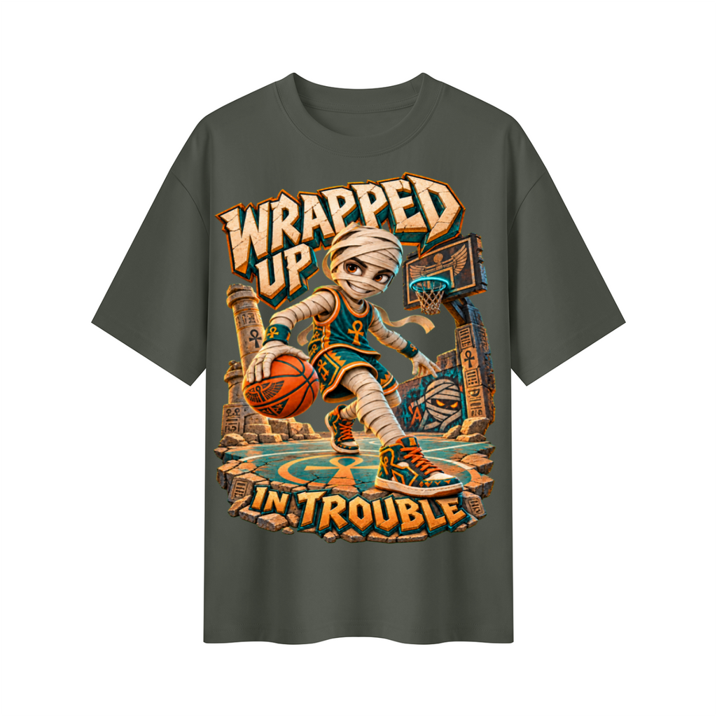 Halloween Mummy Basketball Oversized Graphic T-Shirt - Wrapped Up in Trouble - Unisex
