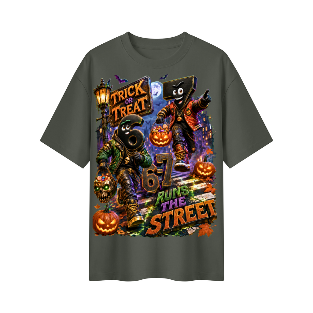 Halloween Trick or Treat Duo Oversized Graphic T-Shirt - 6-7 Runs the Street - Unisex
