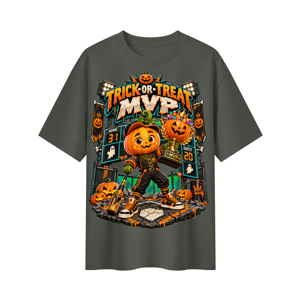 Halloween Pumpkin Baseball Oversized Graphic T-Shirt - Trick-or-Treat MVP - Unisex