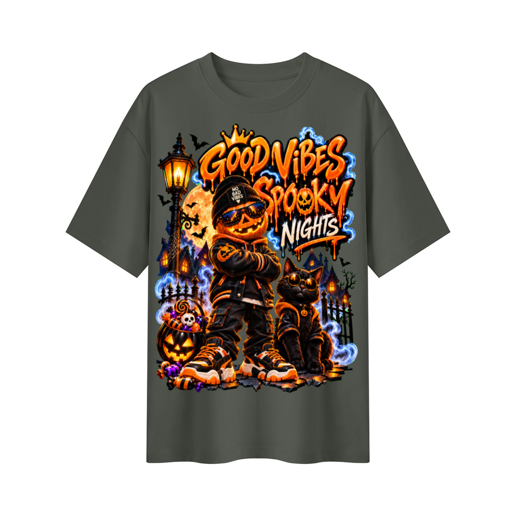 Halloween Pumpkin Kid Oversized Graphic T-Shirt - Good Vibes Spooky Nights - Unisex