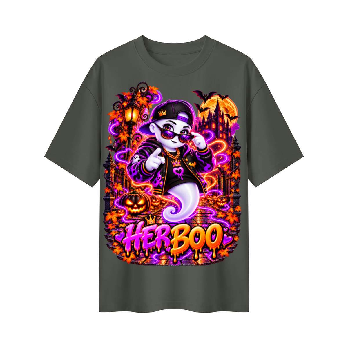 Halloween Her Boo Ghost Oversized Graphic T-Shirt - Couples Halloween Tee - Unisex