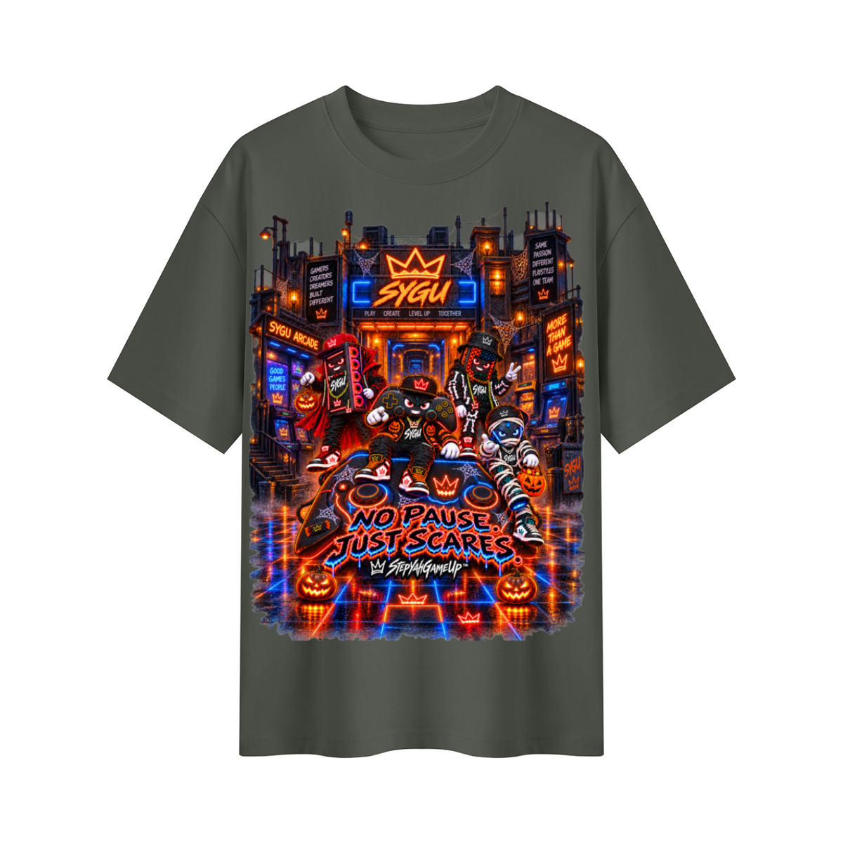 StepYahGameUp™ Halloween Gamer Oversized Graphic T-Shirt - No Pause Just Scares - Unisex