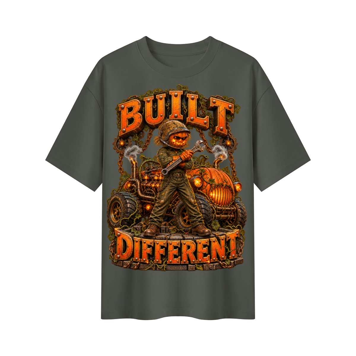 Halloween Built Different Pumpkin Mechanic Oversized Graphic T-Shirt - Unisex