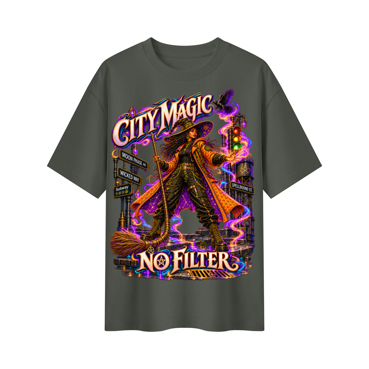 Halloween City Magic No Filter Witch Oversized Graphic T-Shirt - Unisex