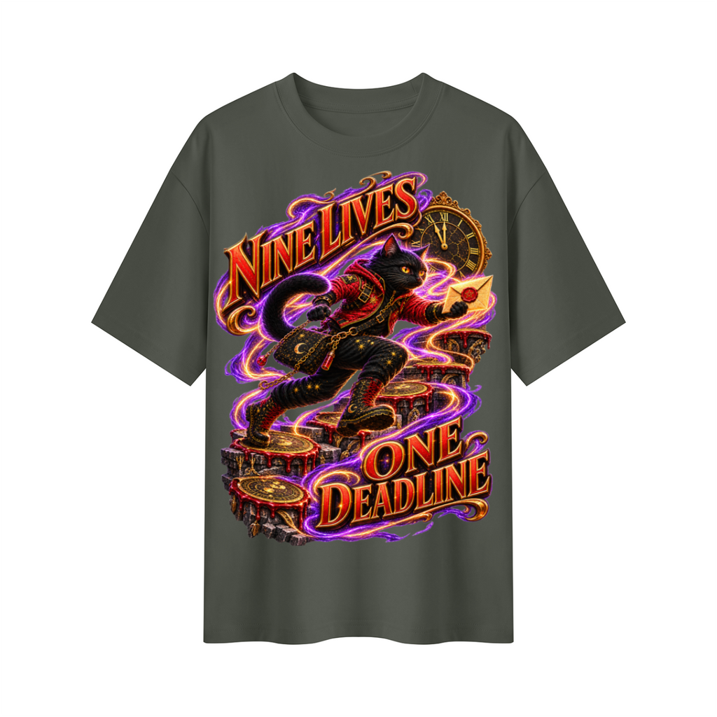Halloween Nine Lives One Deadline Black Cat Oversized Graphic T-Shirt - Unisex