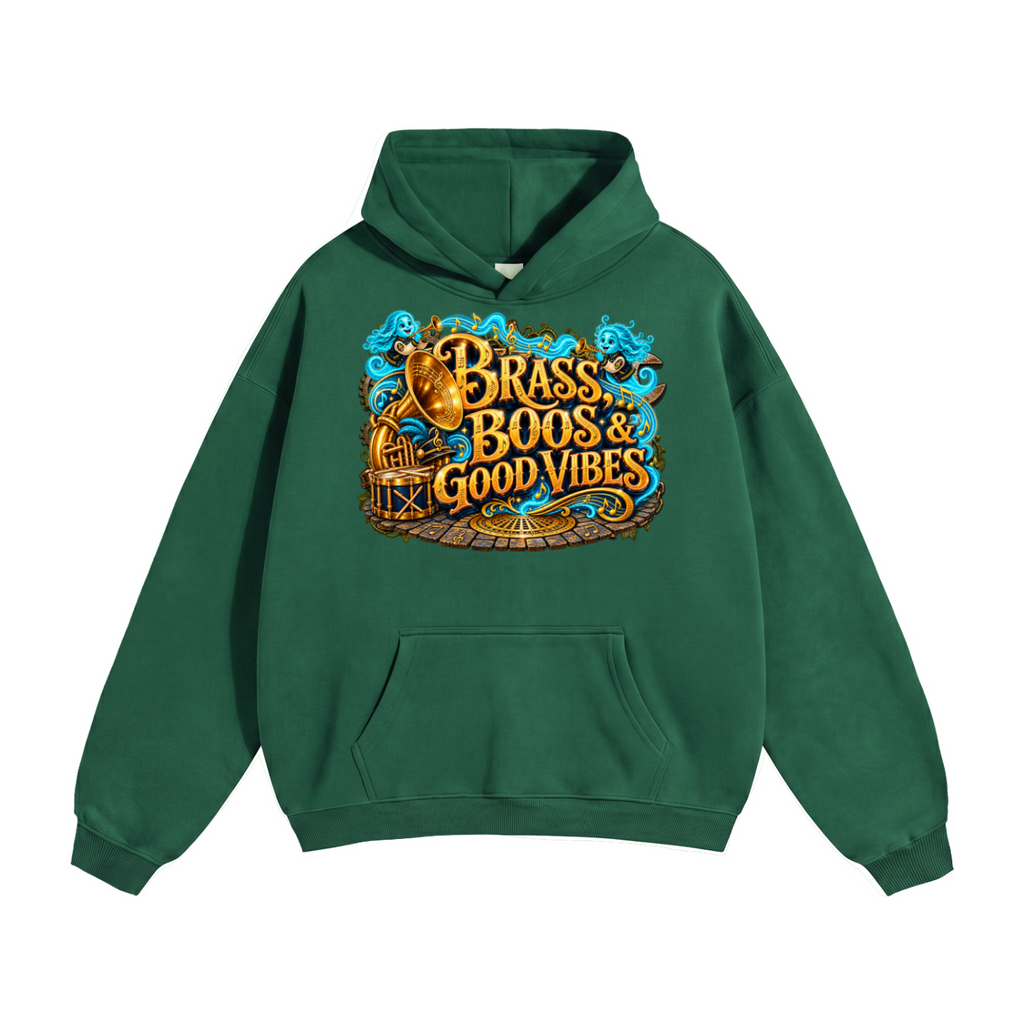 Halloween Brass, Boos & Good Vibes Front & Back Graphic Hoodie - Bring the Boom - Unisex