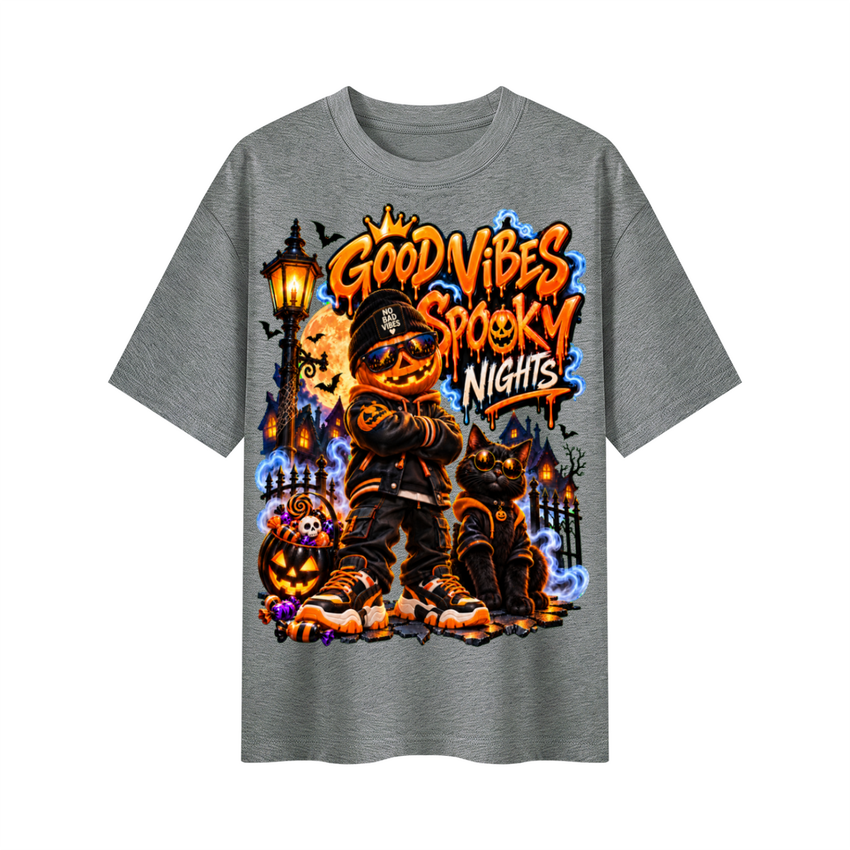 Halloween Pumpkin Kid Oversized Graphic T-Shirt - Good Vibes Spooky Nights - Unisex