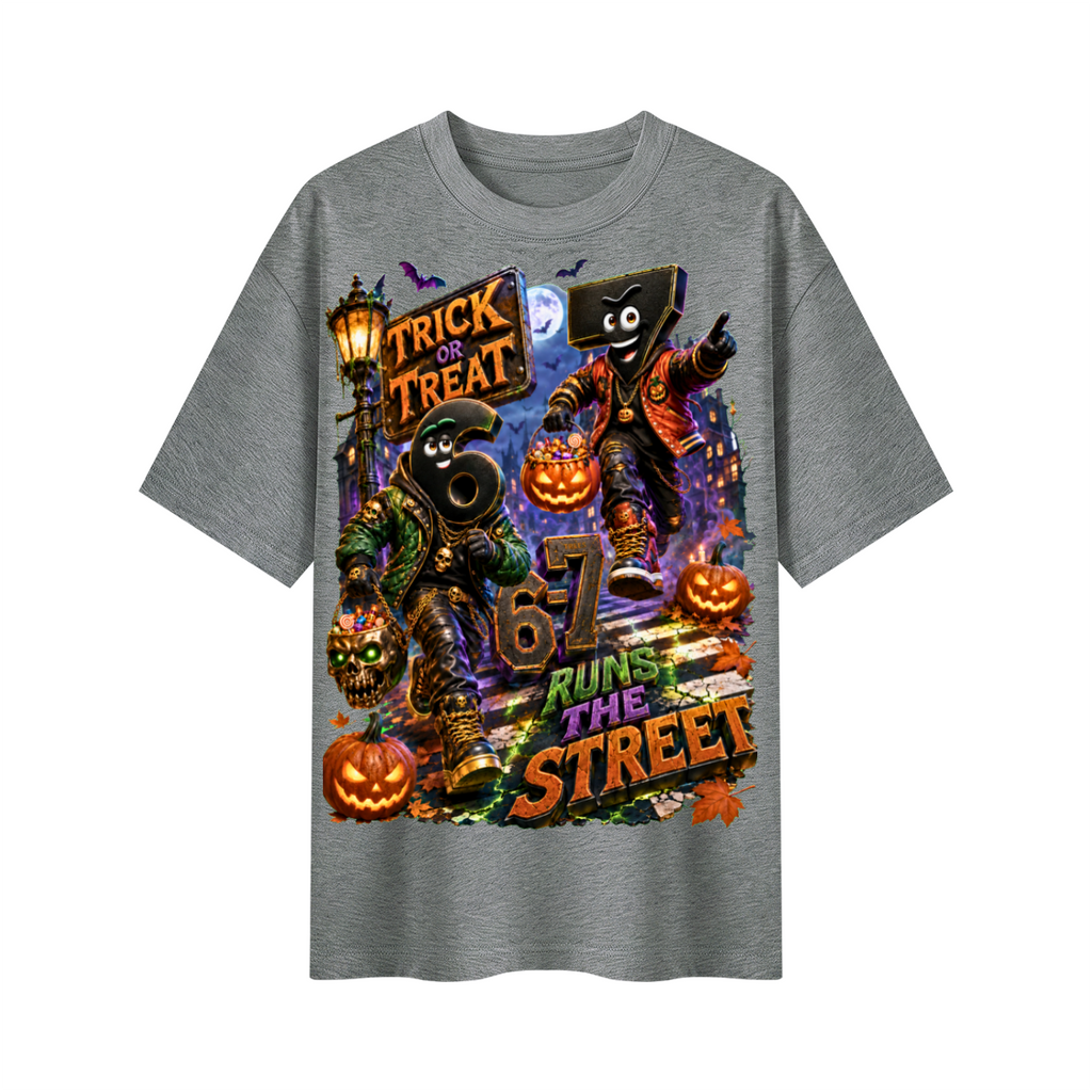 Halloween Trick or Treat Duo Oversized Graphic T-Shirt - 6-7 Runs the Street - Unisex