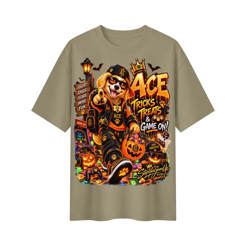 StepYahGameUp Halloween Gamer Oversized Graphic T-Shirt - Tricks, Treats & Game On! - Unisex
