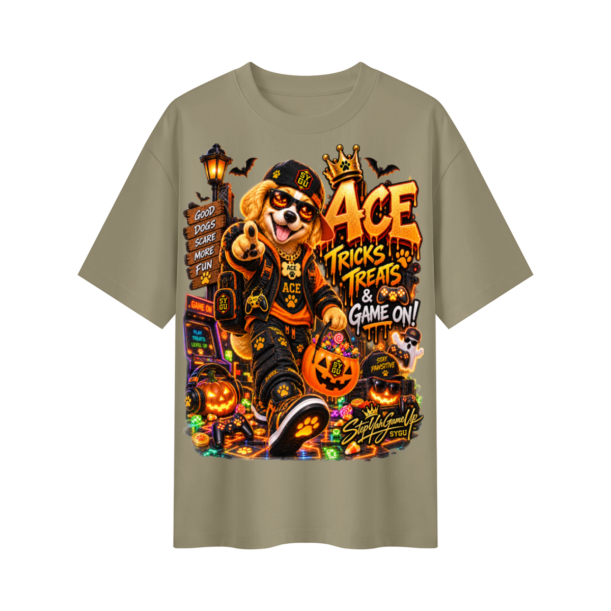 StepYahGameUp Halloween Gamer Oversized Graphic T-Shirt - Tricks, Treats & Game On! - Unisex