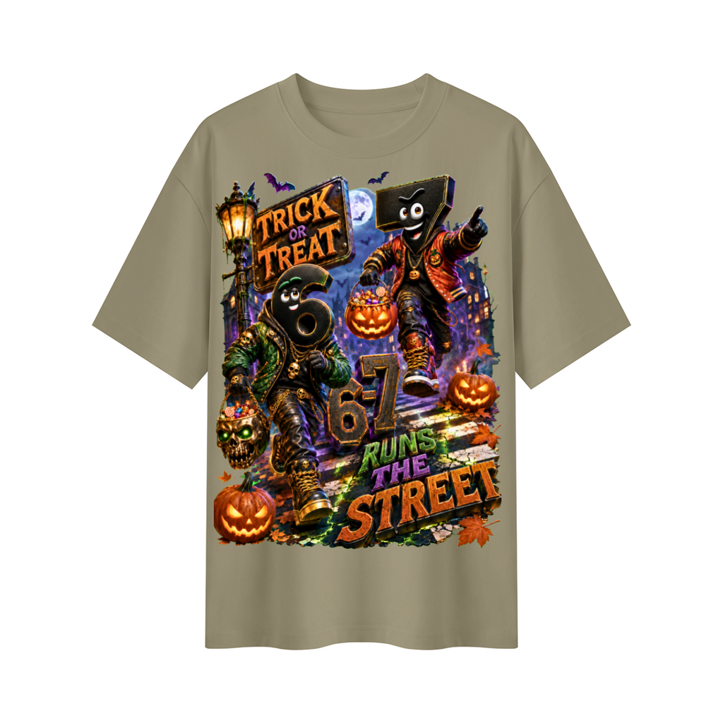Halloween Trick or Treat Duo Oversized Graphic T-Shirt - 6-7 Runs the Street - Unisex