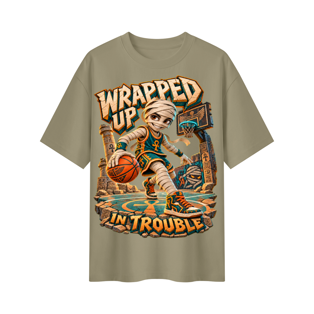 Halloween Mummy Basketball Oversized Graphic T-Shirt - Wrapped Up in Trouble - Unisex