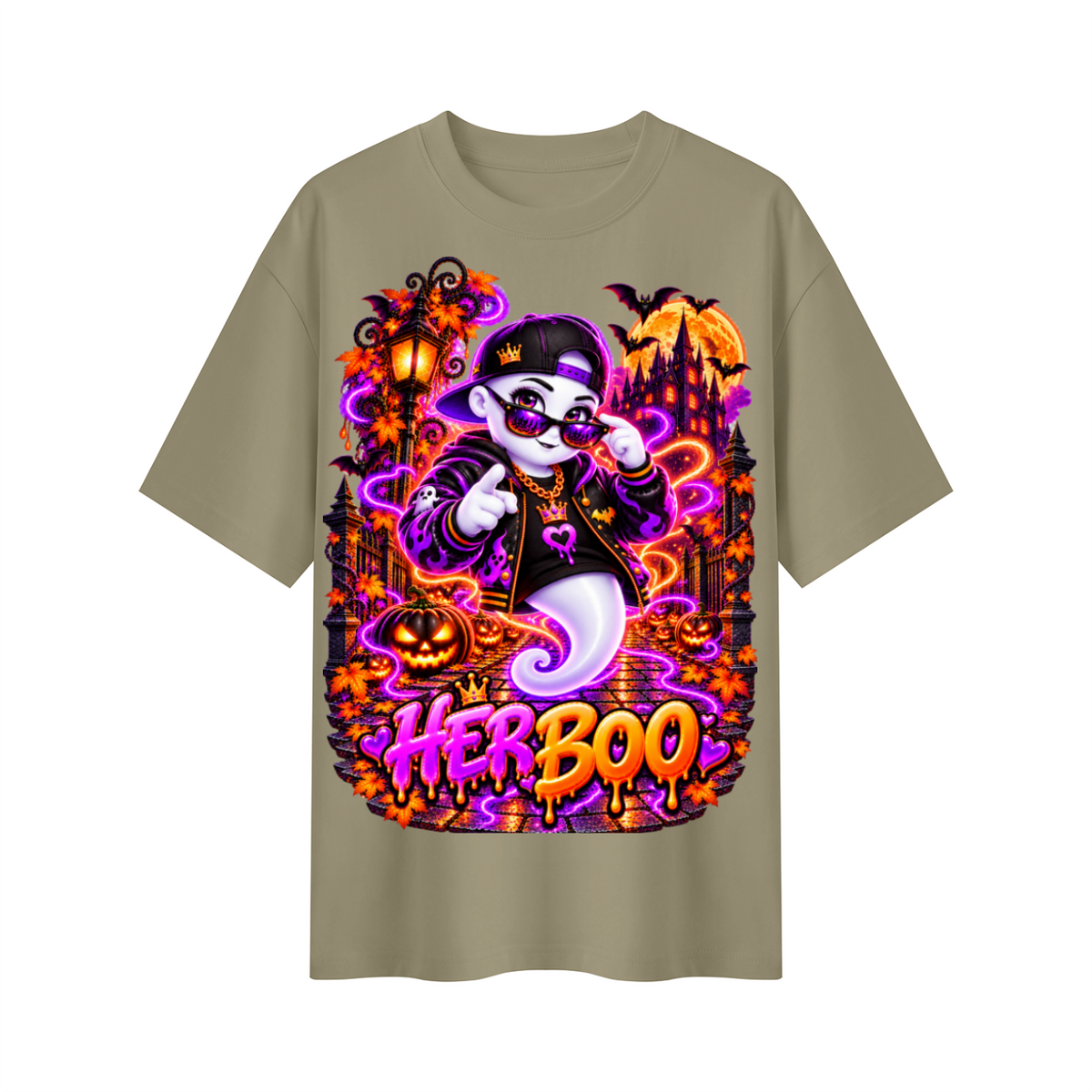 Halloween Her Boo Ghost Oversized Graphic T-Shirt - Couples Halloween Tee - Unisex