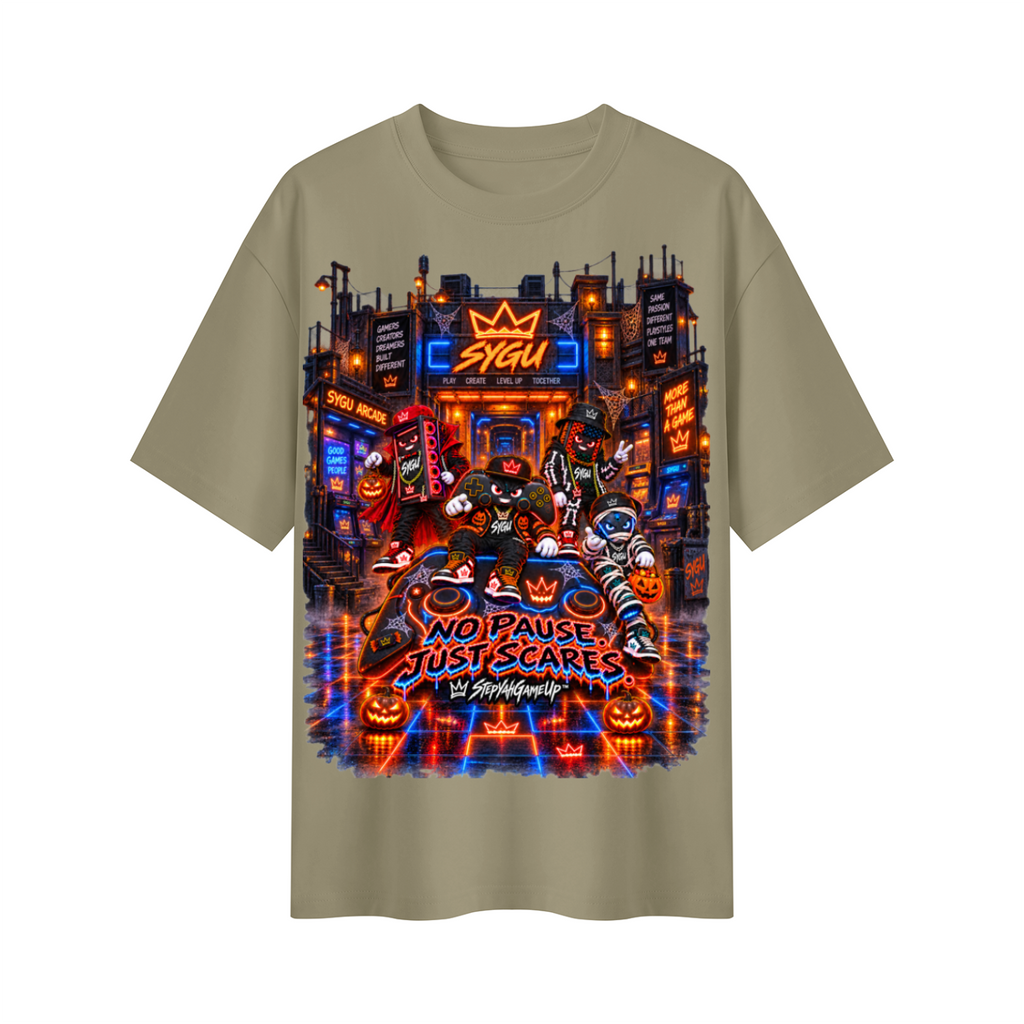 StepYahGameUp™ Halloween Gamer Oversized Graphic T-Shirt - No Pause Just Scares - Unisex