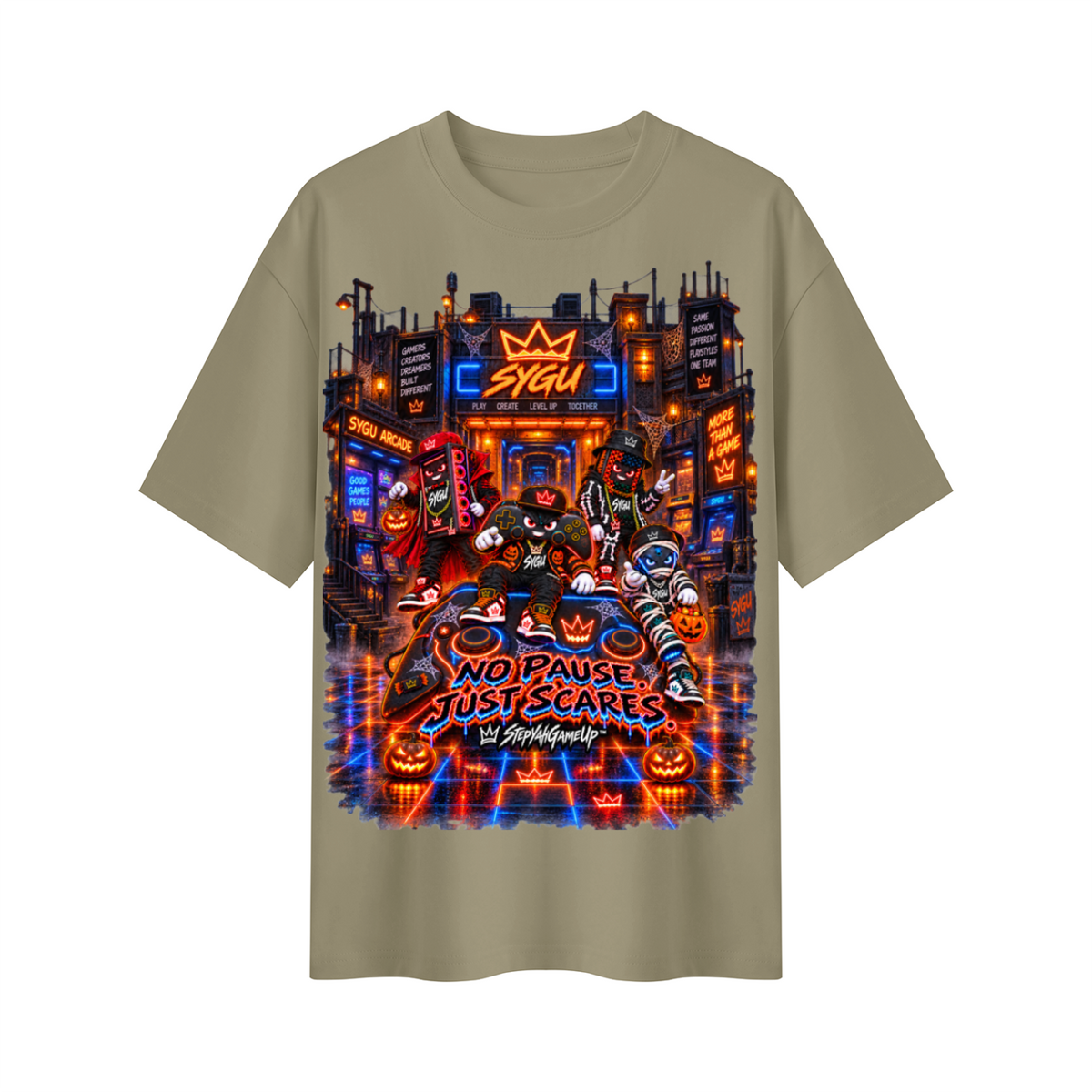 StepYahGameUp™ Halloween Gamer Oversized Graphic T-Shirt - No Pause Just Scares - Unisex