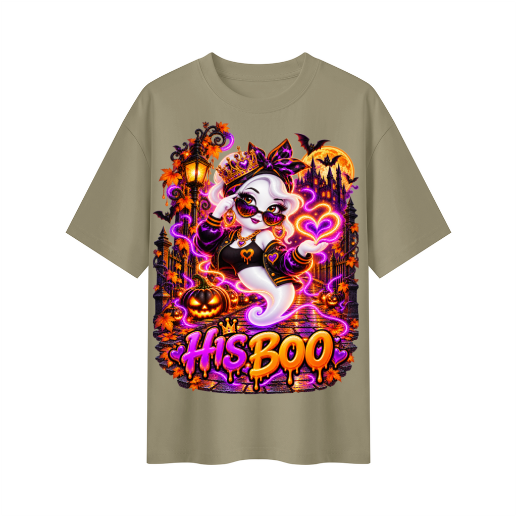 Halloween His Boo Ghost Oversized Graphic T-Shirt - Couples Halloween Tee - Unisex