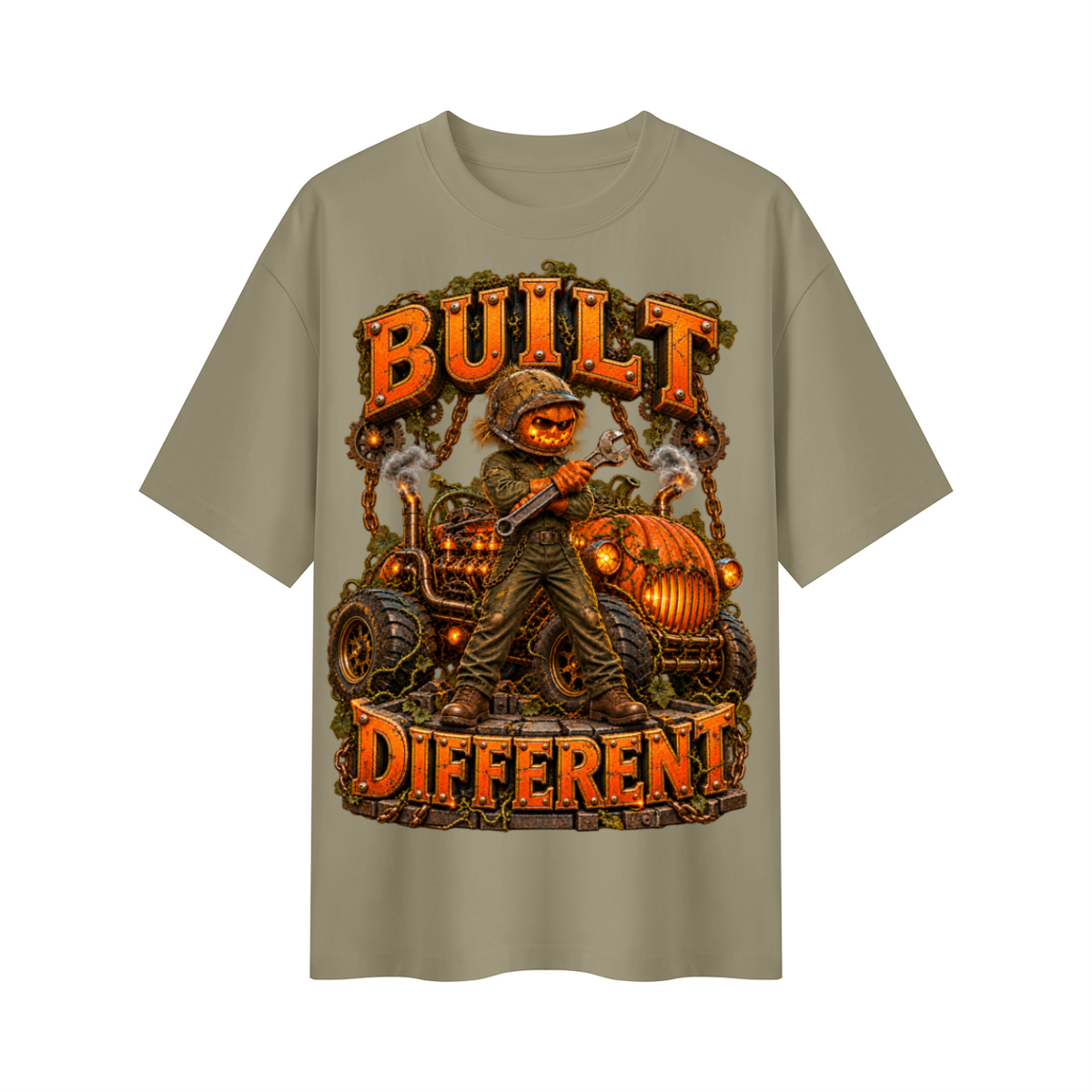 Halloween Built Different Pumpkin Mechanic Oversized Graphic T-Shirt - Unisex