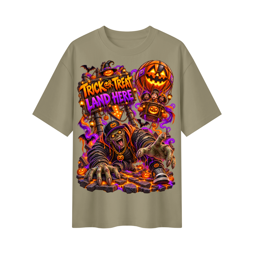 Halloween Trick or Treat Land Here Oversized Graphic T-Shirt - Wrong Place to Land - Unisex