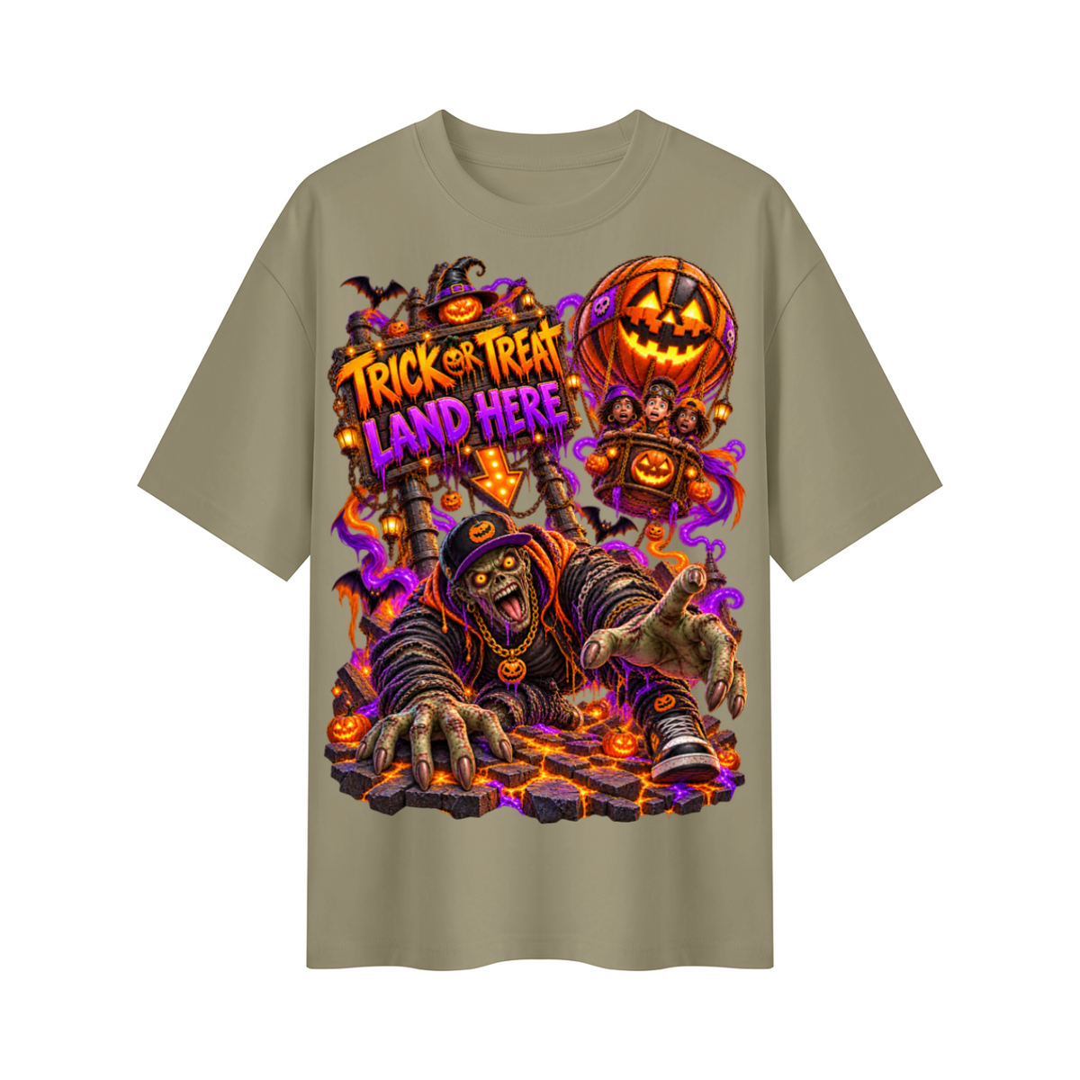 Halloween Trick or Treat Land Here Oversized Graphic T-Shirt - Wrong Place to Land - Unisex