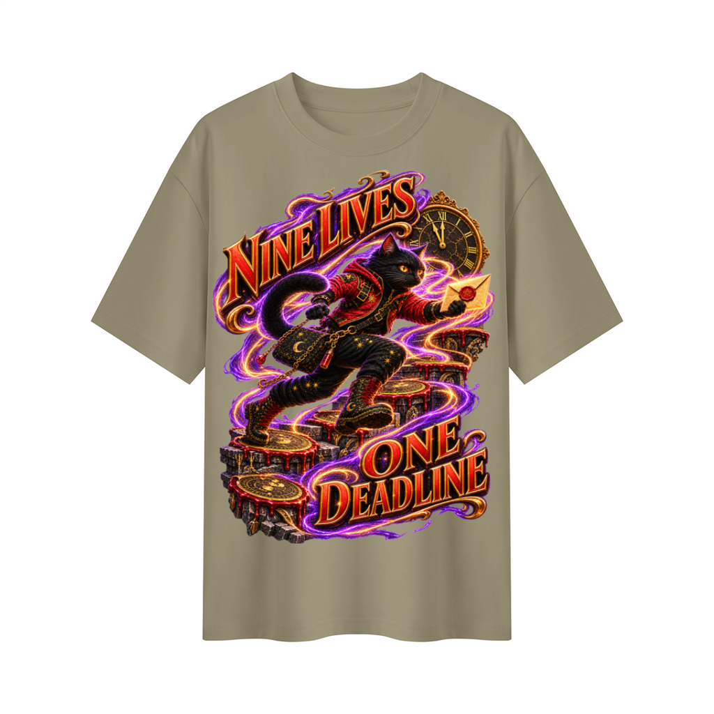 Halloween Nine Lives One Deadline Black Cat Oversized Graphic T-Shirt - Unisex