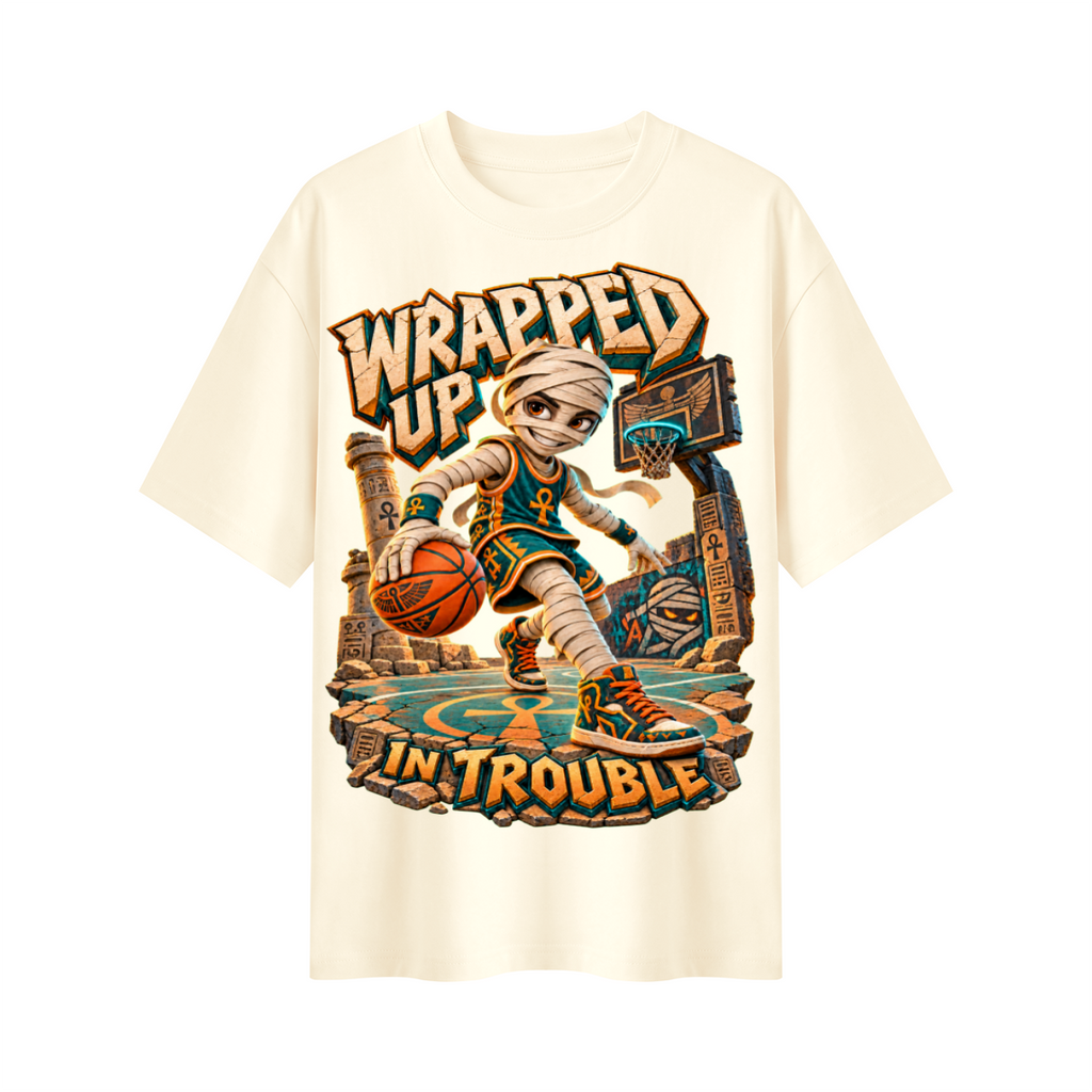 Halloween Mummy Basketball Oversized Graphic T-Shirt - Wrapped Up in Trouble - Unisex
