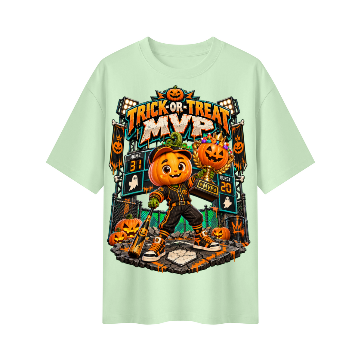 Halloween Pumpkin Baseball Oversized Graphic T-Shirt - Trick-or-Treat MVP - Unisex