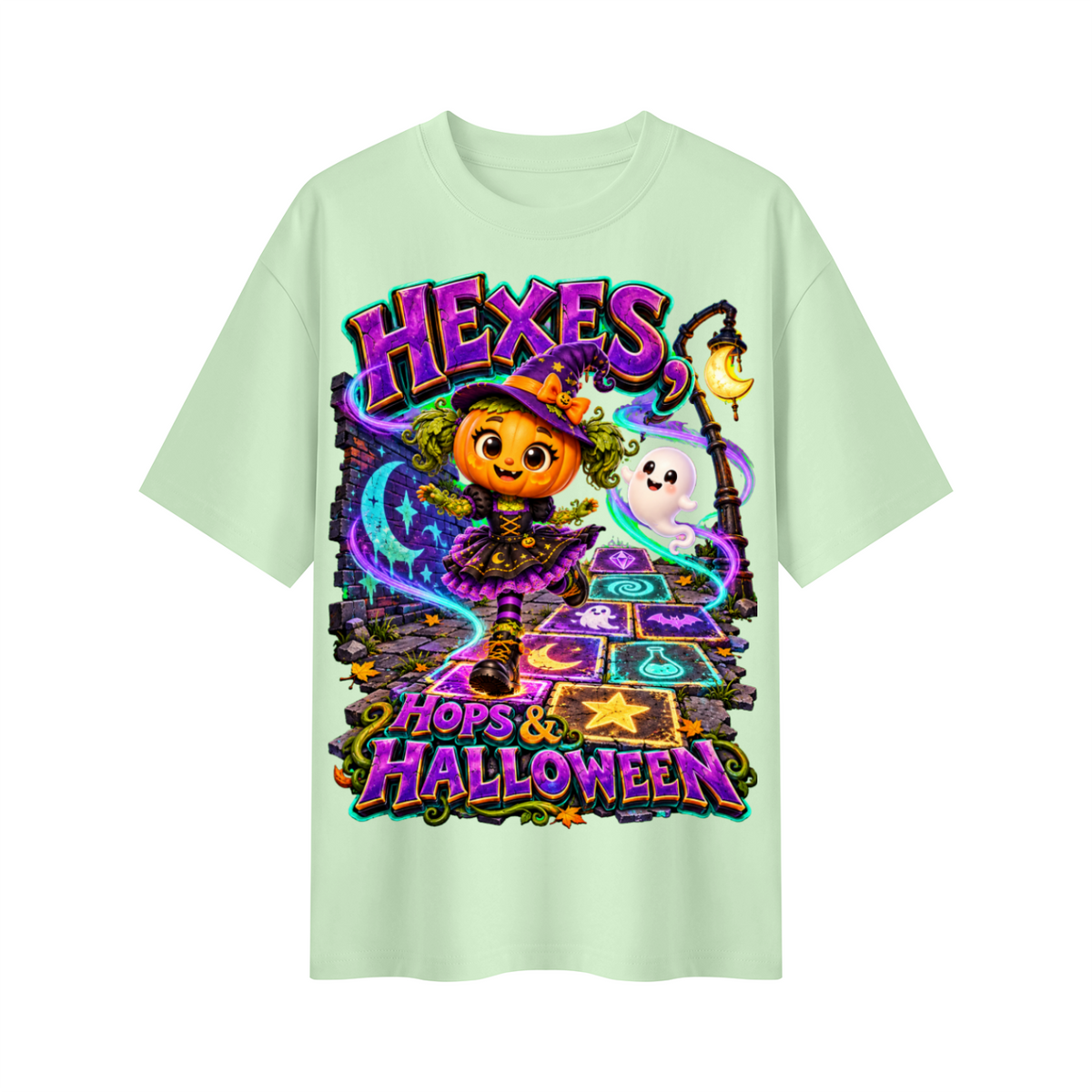 Pumpkin Witch Girl Oversized Graphic T-Shirt - Hexes, Hops & Halloween - Unisex