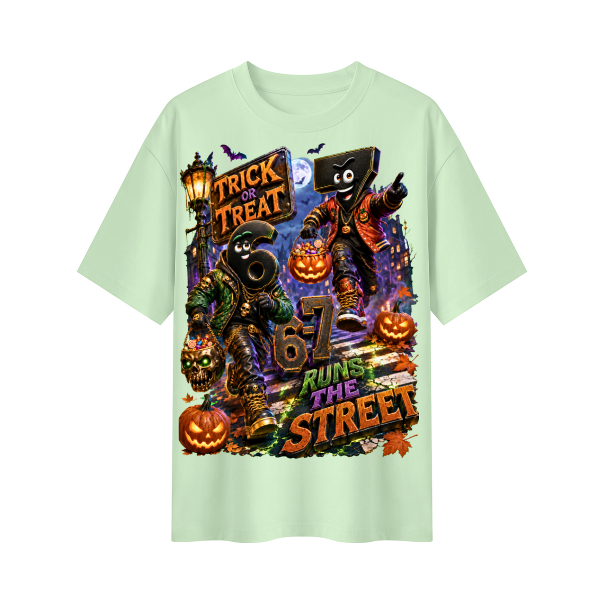 Halloween Trick or Treat Duo Oversized Graphic T-Shirt - 6-7 Runs the Street - Unisex