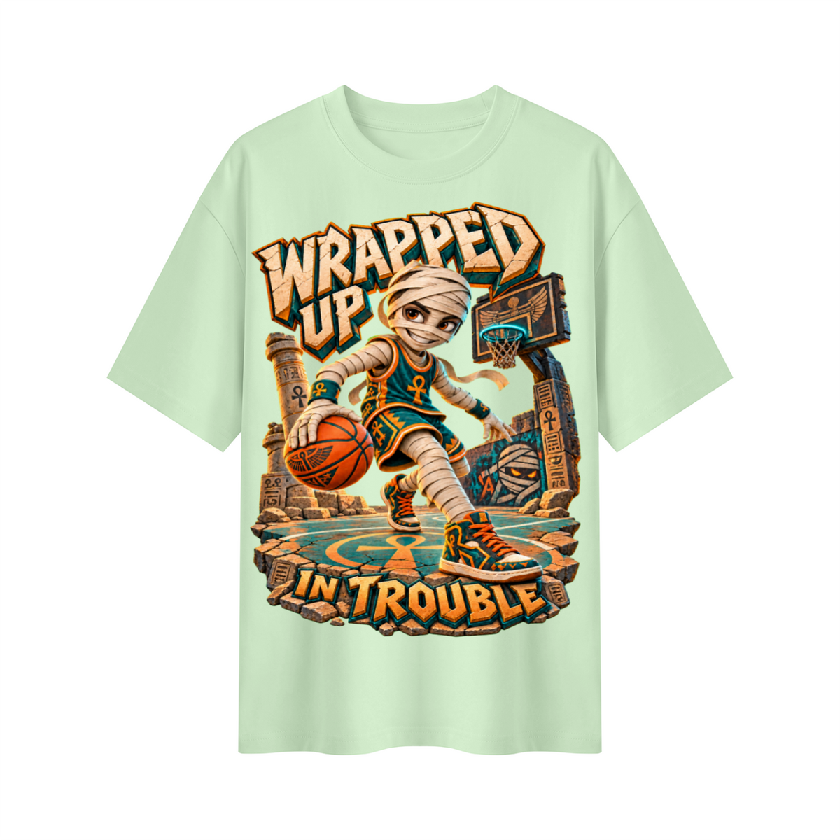 Halloween Mummy Basketball Oversized Graphic T-Shirt - Wrapped Up in Trouble - Unisex